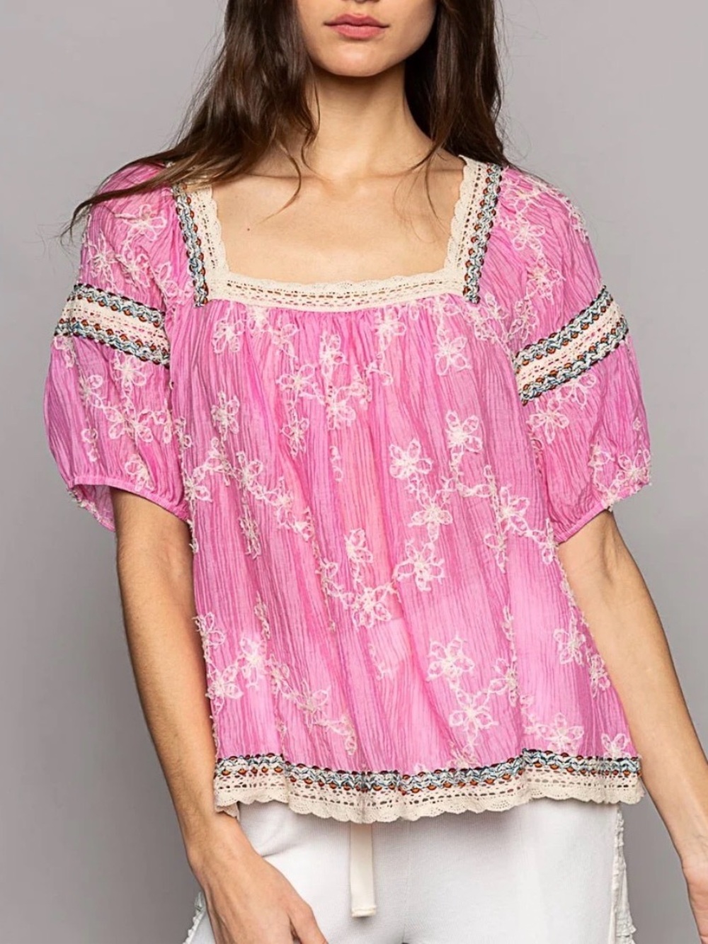 POL Pink Floral Embroidered Lace Blouse Large Boho Gauzy Peasant Balloon Sleeve